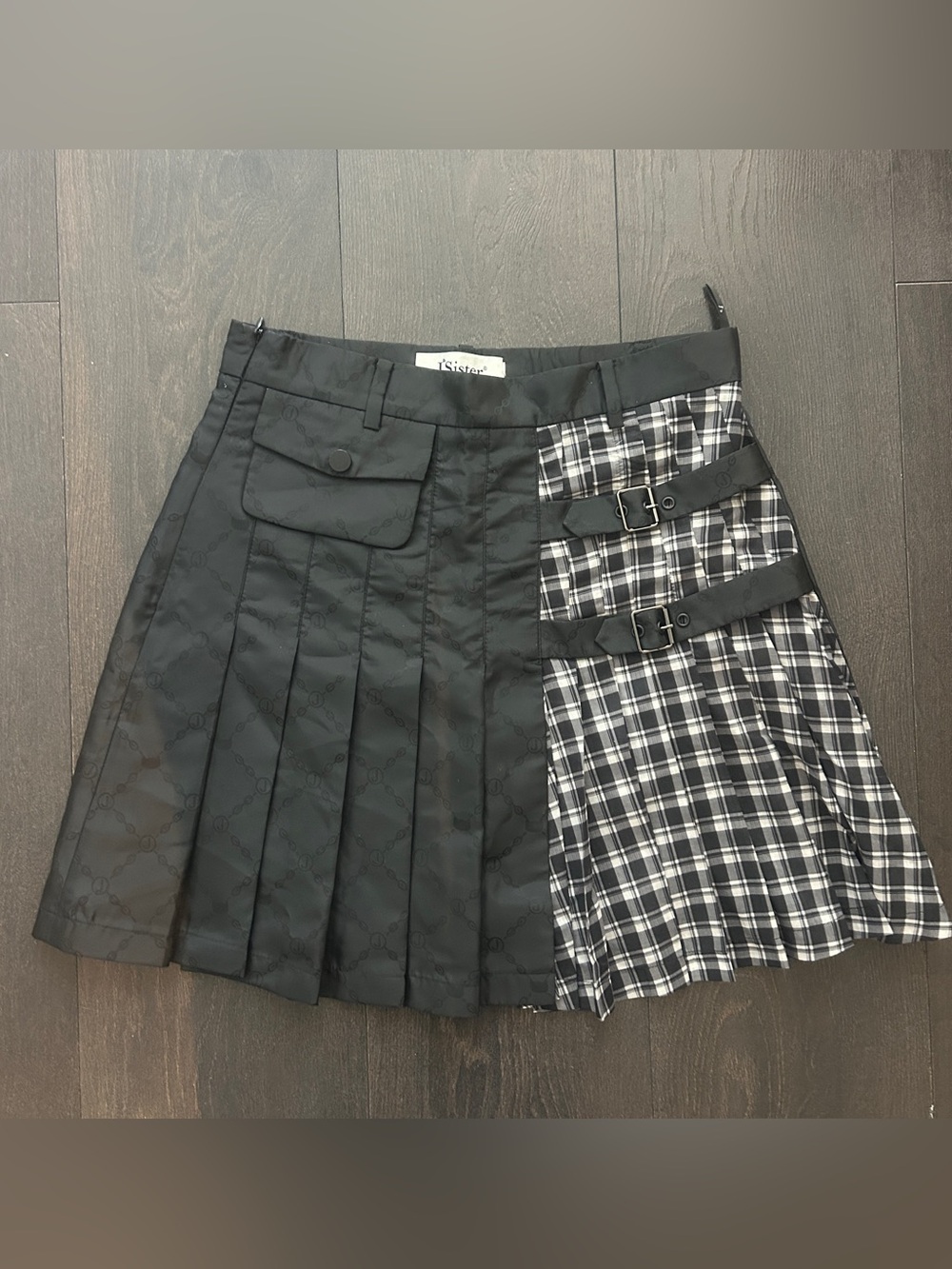 J'Sister Black & Plaid Pleated Mini Skirt Cargo Buckle Y2K Grunge Size XS/S